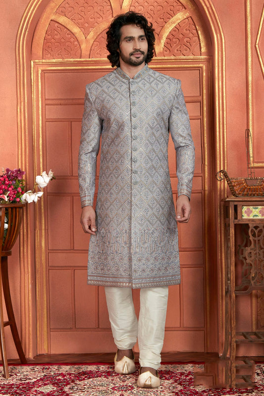 Light Grey Colour Art Silk Sherwani With Churidar Pant