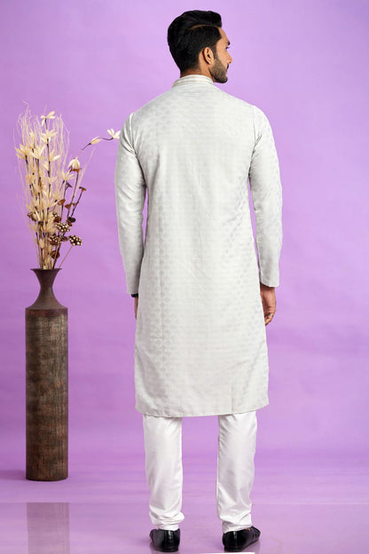 Light Grey Colour Jacquard Art Silk Pintex Work Kurta Pajama VSKP1230202