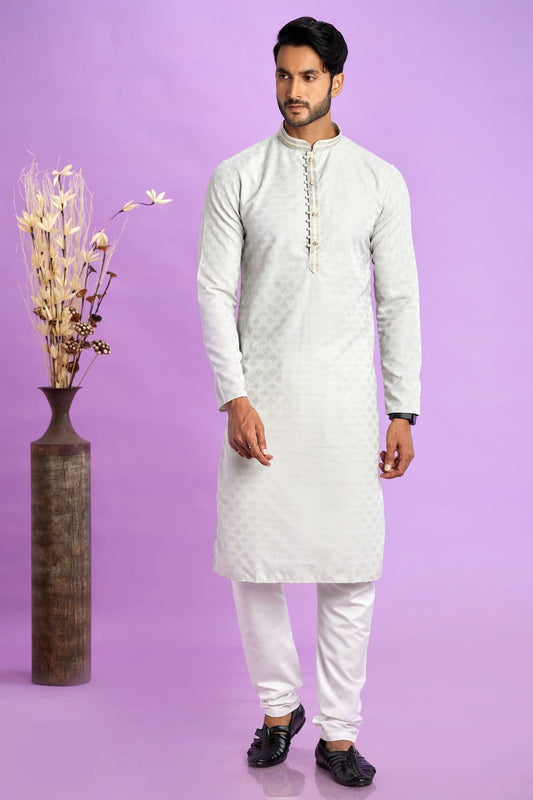 Light Grey Colour Jacquard Art Silk Pintex Work Kurta Pajama