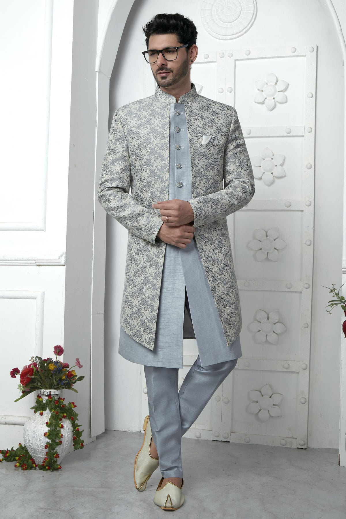 Light Grey Colour Jacquard Silk Indowestern Sherwani With Aligadhi Pant VSSH1230038