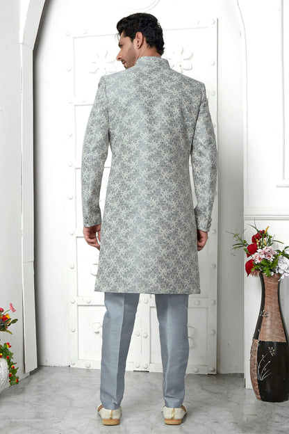 Light Grey Colour Jacquard Silk Indowestern Sherwani With Aligadhi Pant VSSH1230038