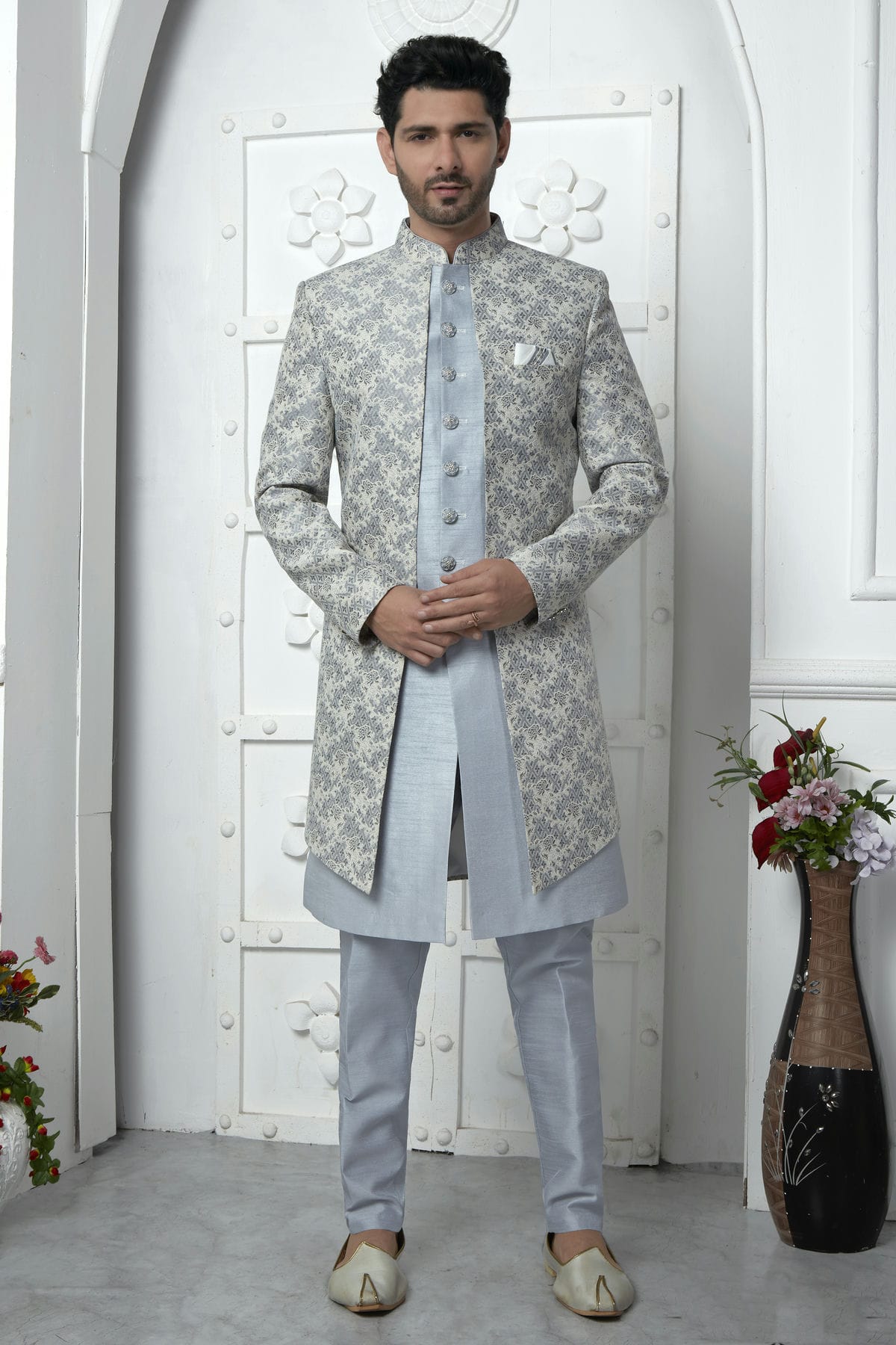 Light Grey Colour Jacquard Silk Indowestern Sherwani With Aligadhi Pant