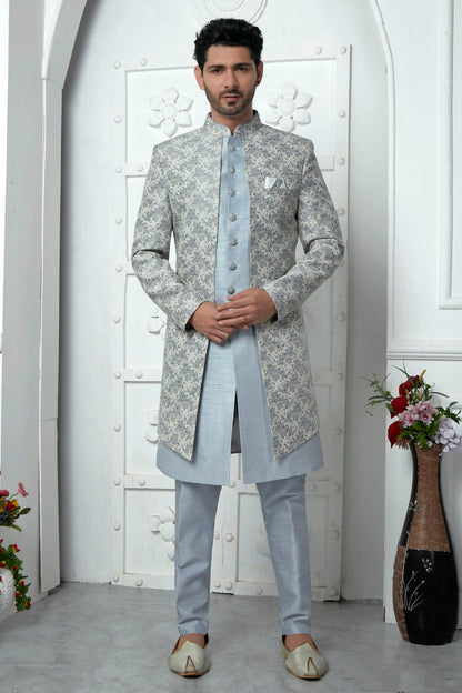 Light Grey Colour Jacquard Silk Indowestern Sherwani With Aligadhi Pant