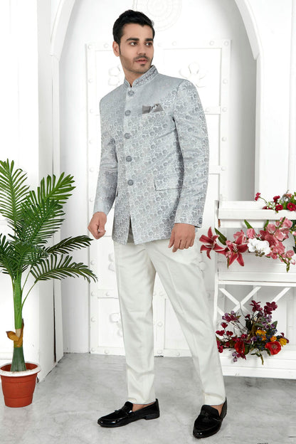 Light Grey Colour Jacquard Silk Jodhpuri Jacket