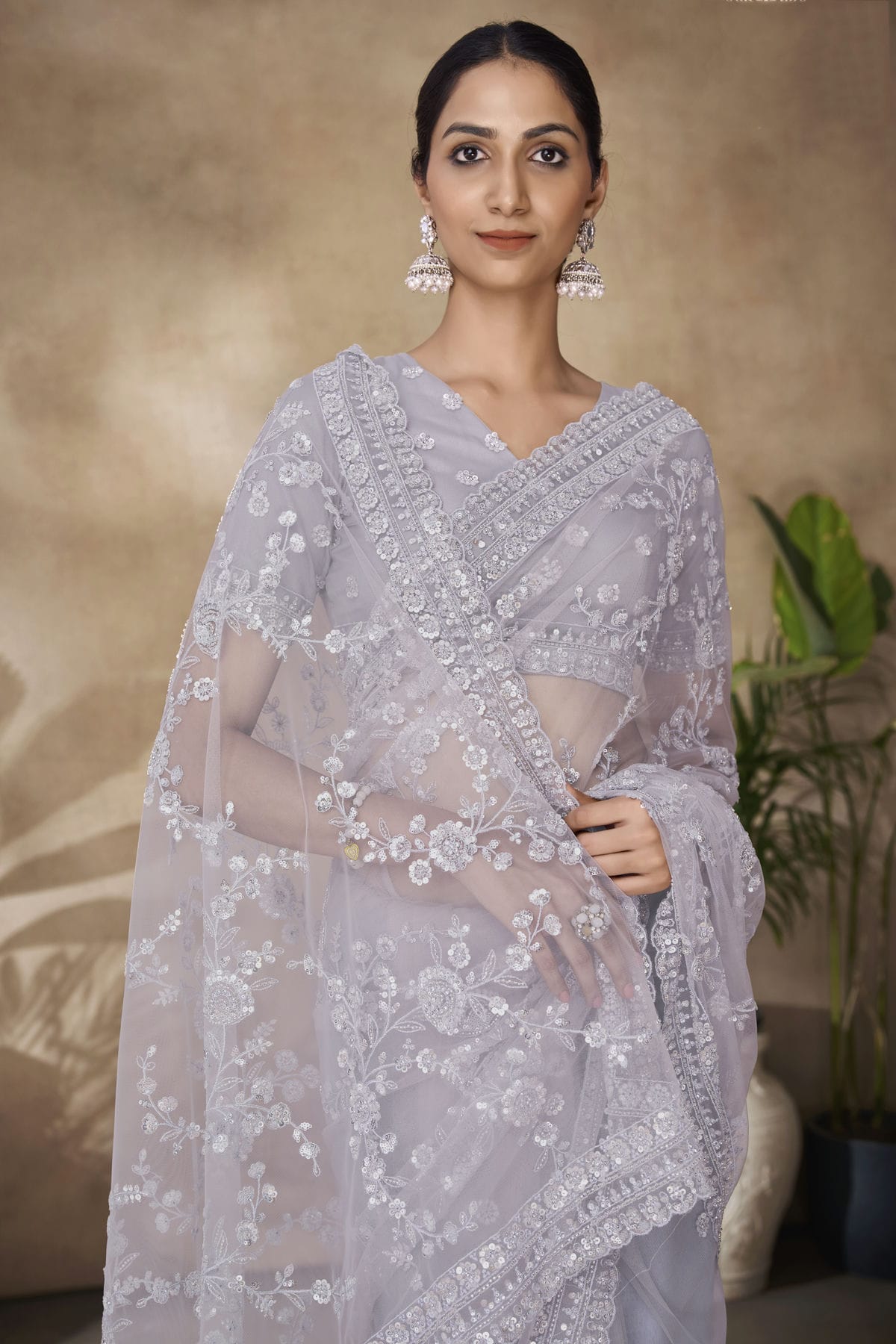Light Grey Colour Net Designer Saree VSSD1080874