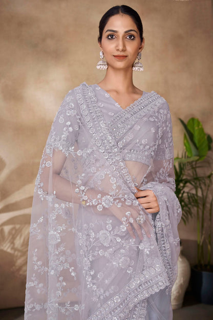 Light Grey Colour Net Designer Saree VSSD1080874
