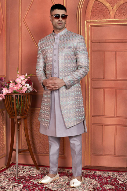 Light Purple Colour Art Silk Indowestern Sherwani With Aligadhi Pant VSSH1230004