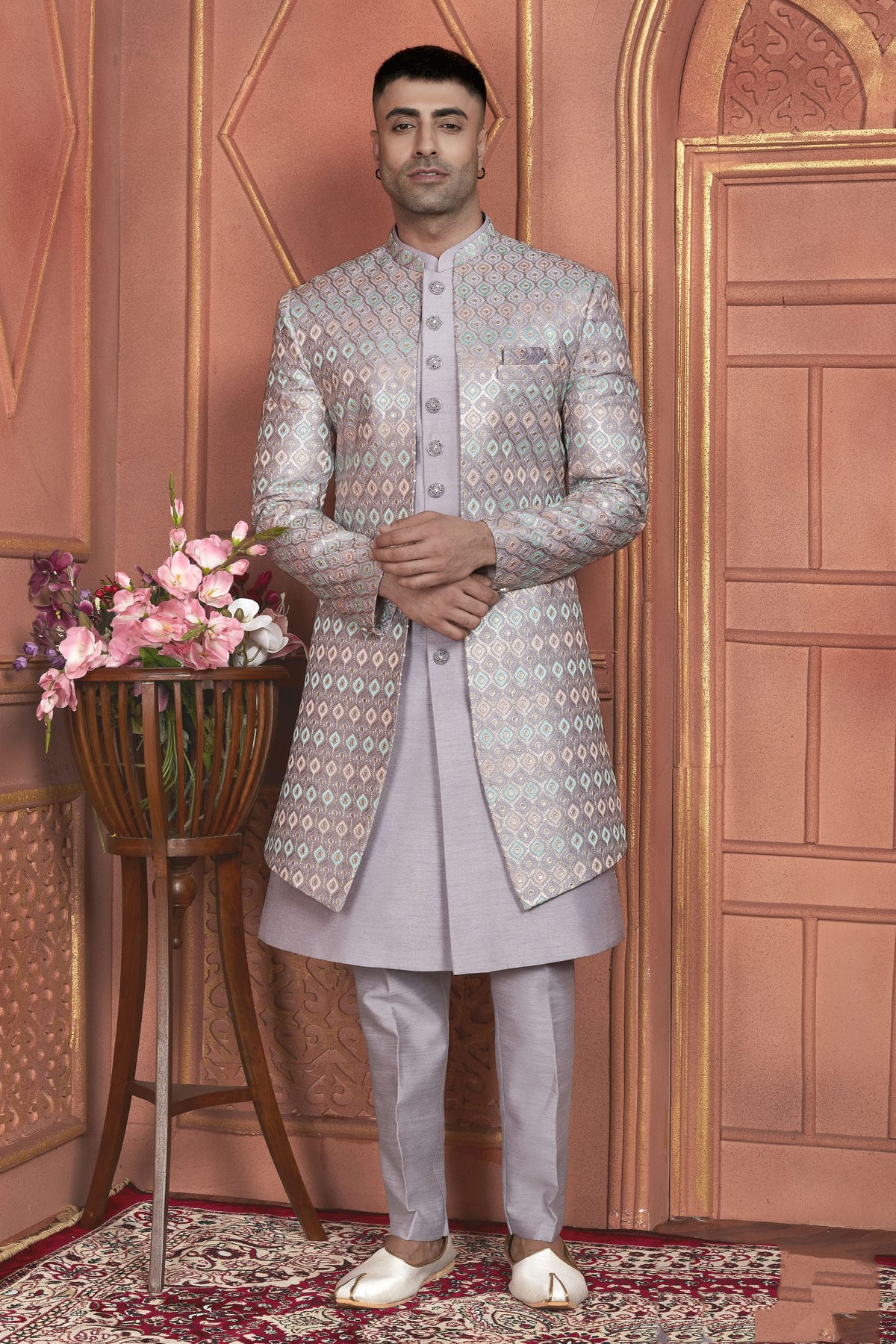 Light Purple Colour Art Silk Indowestern Sherwani With Aligadhi Pant