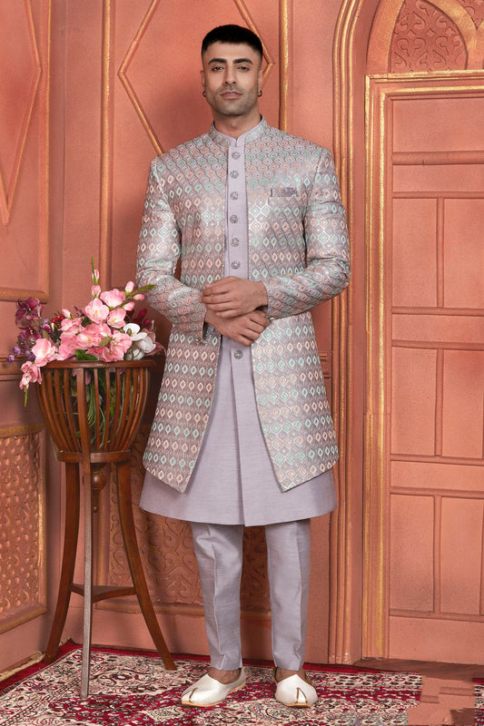 Light Purple Colour Art Silk Indowestern Sherwani With Aligadhi Pant