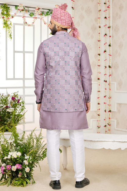 Light Purple Colour Art Silk Kurta Pajama With Jacket VSKP1230267