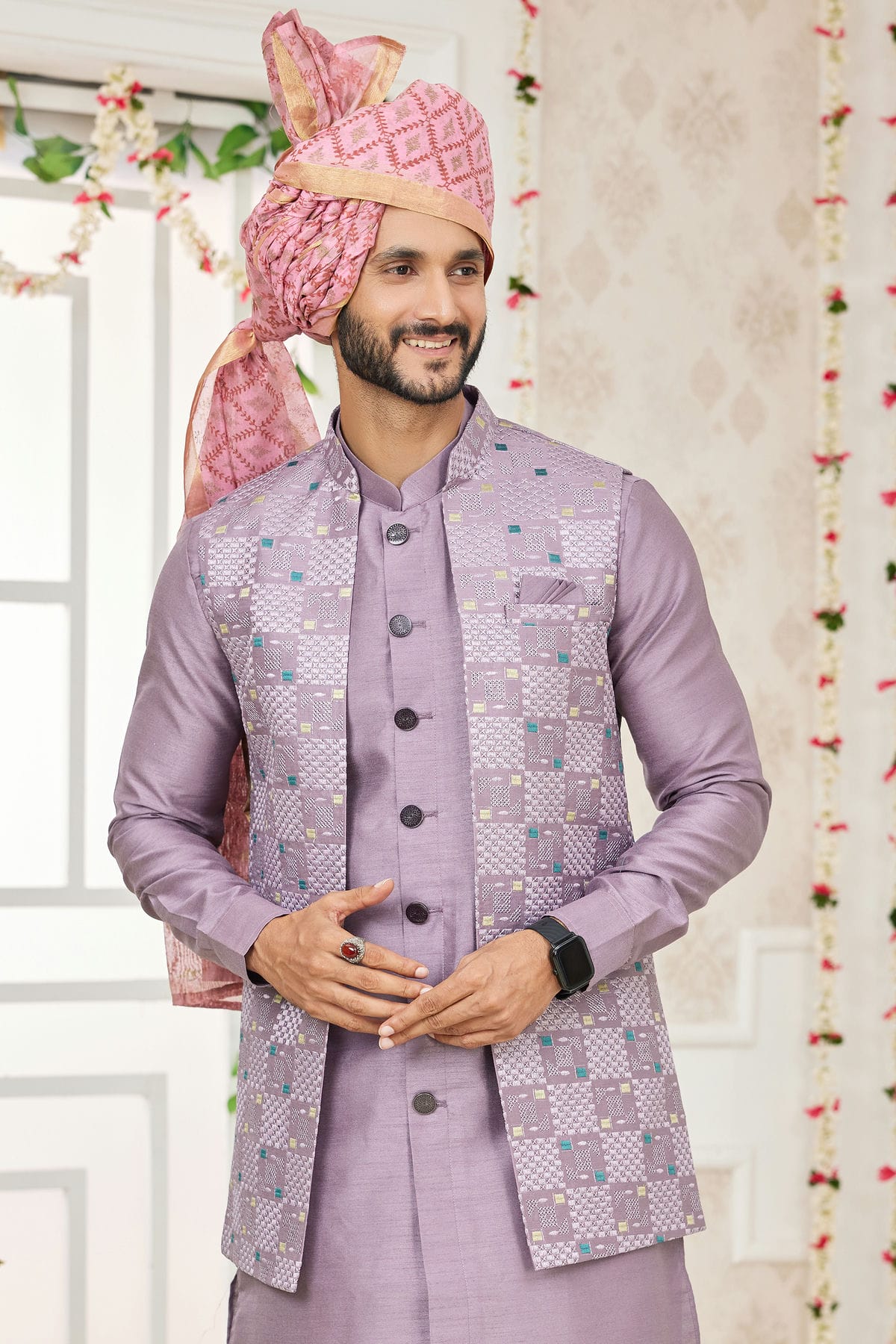 Light Purple Colour Art Silk Kurta Pajama With Jacket VSKP1230267