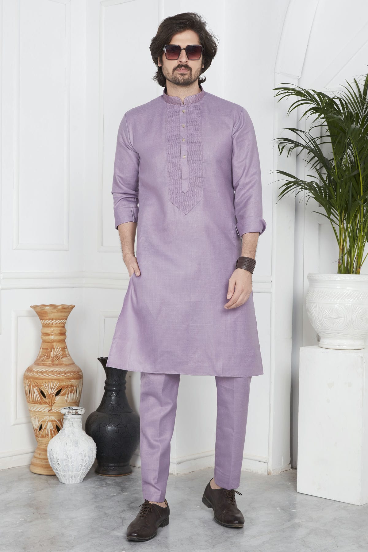 Light Purple Colour Linen Cotton Pintex Work Kurta Pajama VSKP1230121