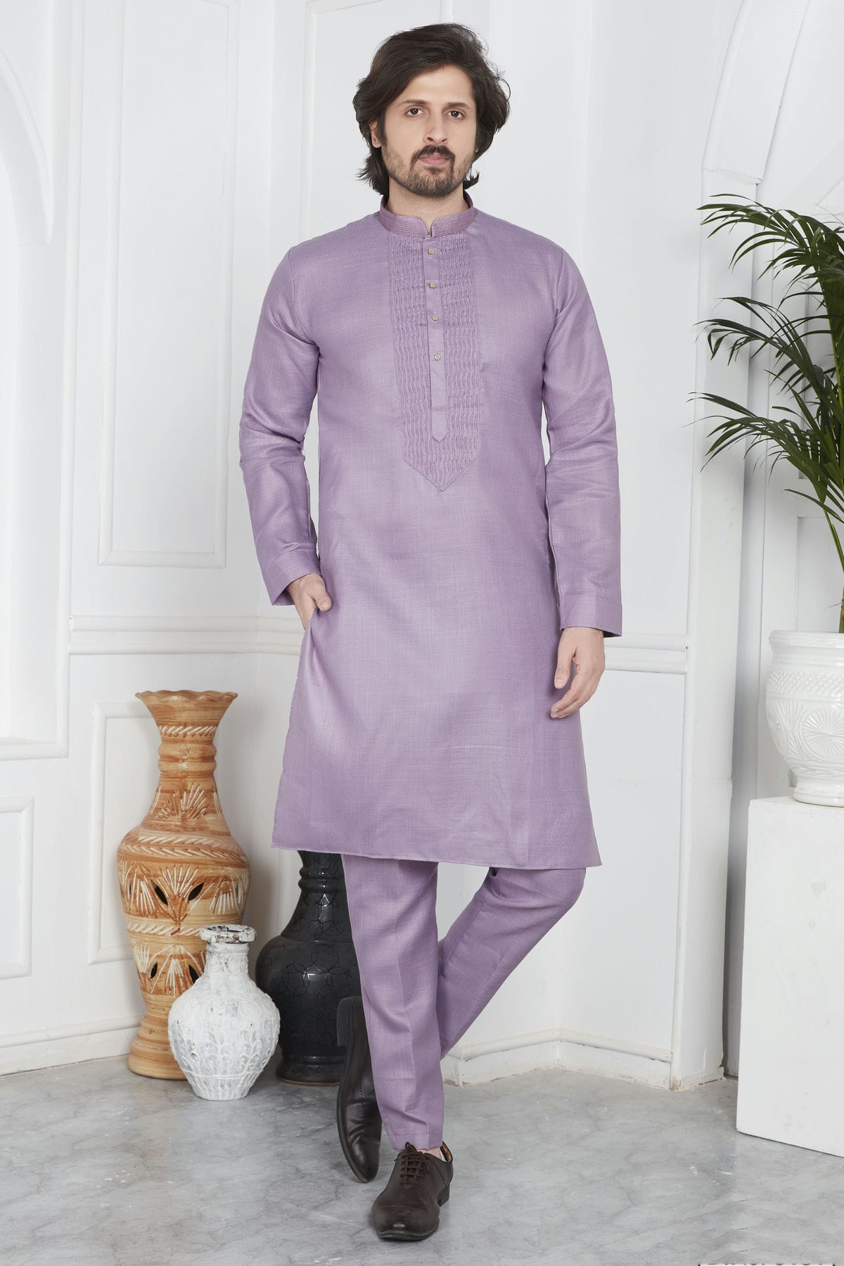 Light Purple Colour Linen Cotton Pintex Work Kurta Pajama
