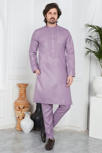 Light Purple Colour Linen Cotton Pintex Work Kurta Pajama