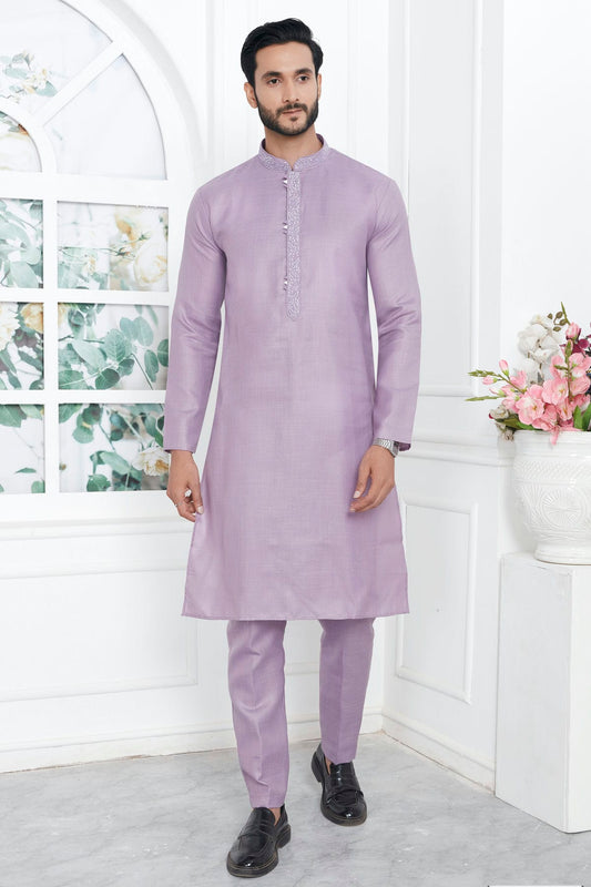 Light Purple Colour Linen Cotton Thread Work Kurta Pajama