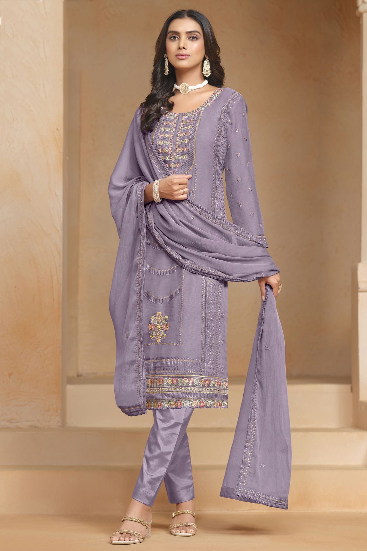 Simple Light Purple Colour Dress Light Purple Organza Chiffon Pant Style Suit VSSM1050610 Simple Light Purple Colour Dress Light Purple Organza Chiffon Pant Style Suit VSSM1050610