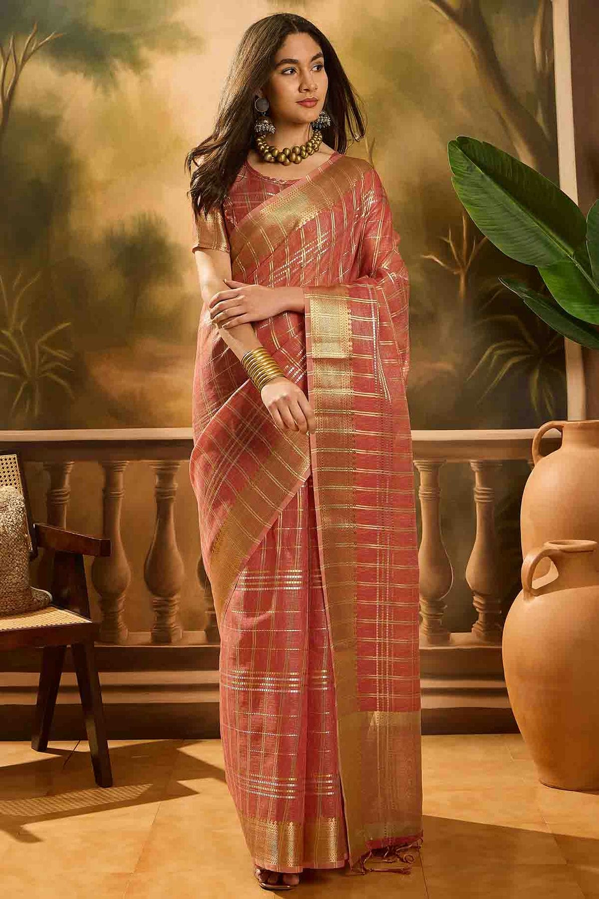 Light Red Colour Khadi Organza Traditional Saree VSSD1113881