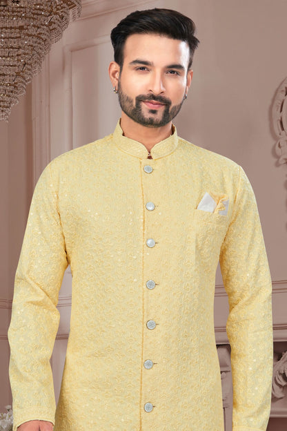Light Yellow Colour Silk Dupion Sherwani VSSH1040610
