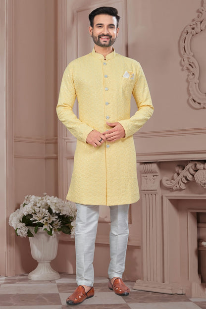 Light Yellow Colour Silk Dupion Sherwani