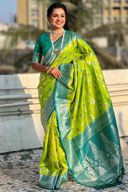 Lime Green Colour Banarasi Silk Meenakari Work Traditional Saree VSSD1113554