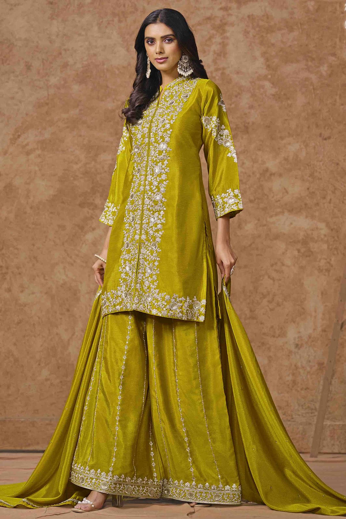 Lime Green Colour Chinon Semi Stitched Palazzo Pant Suit VSSM1050705