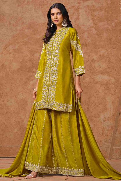 Lime Green Colour Chinon Semi Stitched Palazzo Pant Suit VSSM1050705