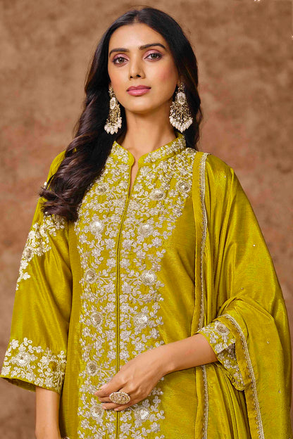 Lime Green Colour Chinon Semi Stitched Palazzo Pant Suit VSSM1050705