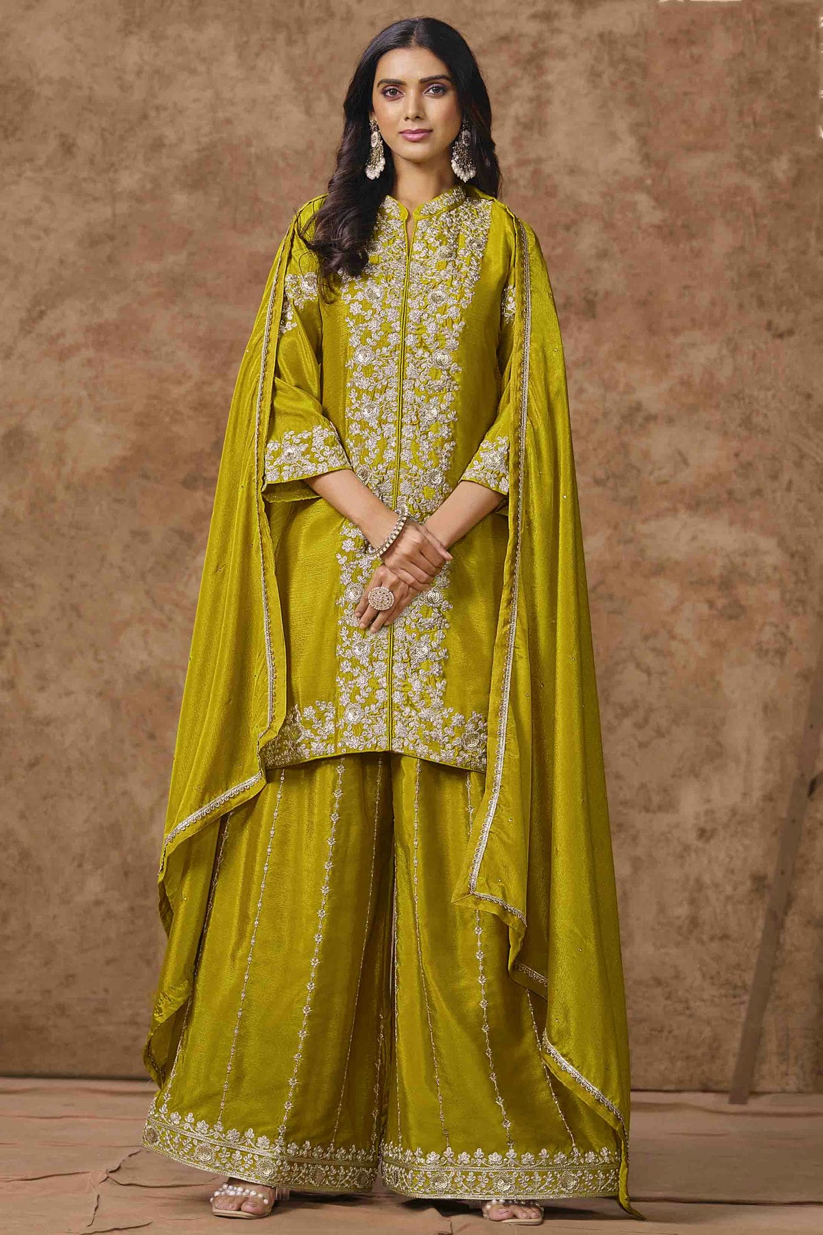 Lime Green Colour Chinon Semi Stitched Palazzo Pant Suit VSSM1050705