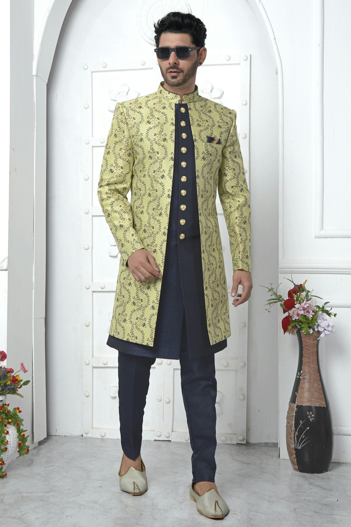 Lime Green Colour Jacquard Silk Indowestern Sherwani With Aligadhi Pant VSSH1230037