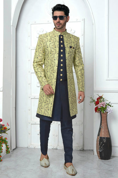 Lime Green Colour Jacquard Silk Indowestern Sherwani With Aligadhi Pant VSSH1230037