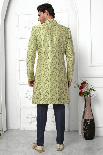 Lime Green Colour Jacquard Silk Indowestern Sherwani With Aligadhi Pant VSSH1230037
