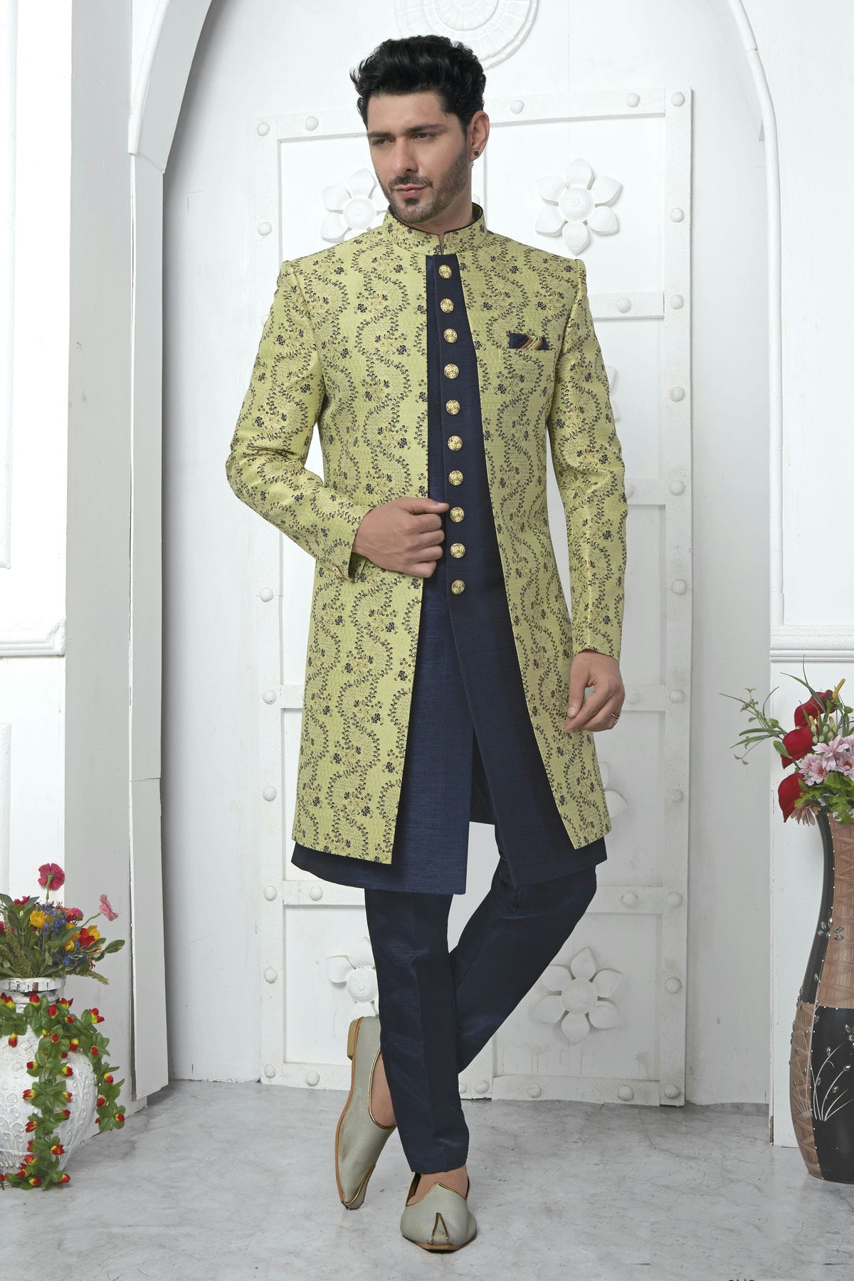 Lime Green Colour Jacquard Silk Indowestern Sherwani With Aligadhi Pant
