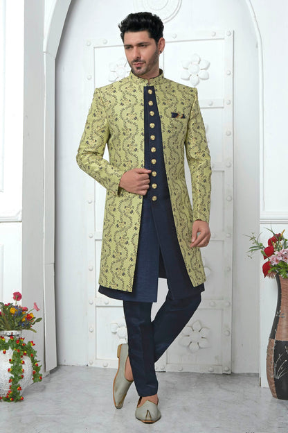 Lime Green Colour Jacquard Silk Indowestern Sherwani With Aligadhi Pant