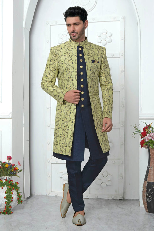 Lime Green Colour Jacquard Silk Indowestern Sherwani With Aligadhi Pant