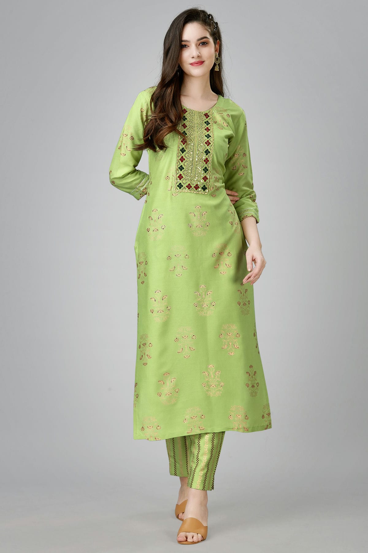 Lime Green Colour Rayon Kurta And Pant Set