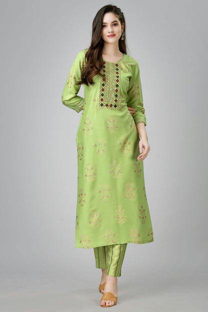 Lime Green Colour Rayon Kurta And Pant Set