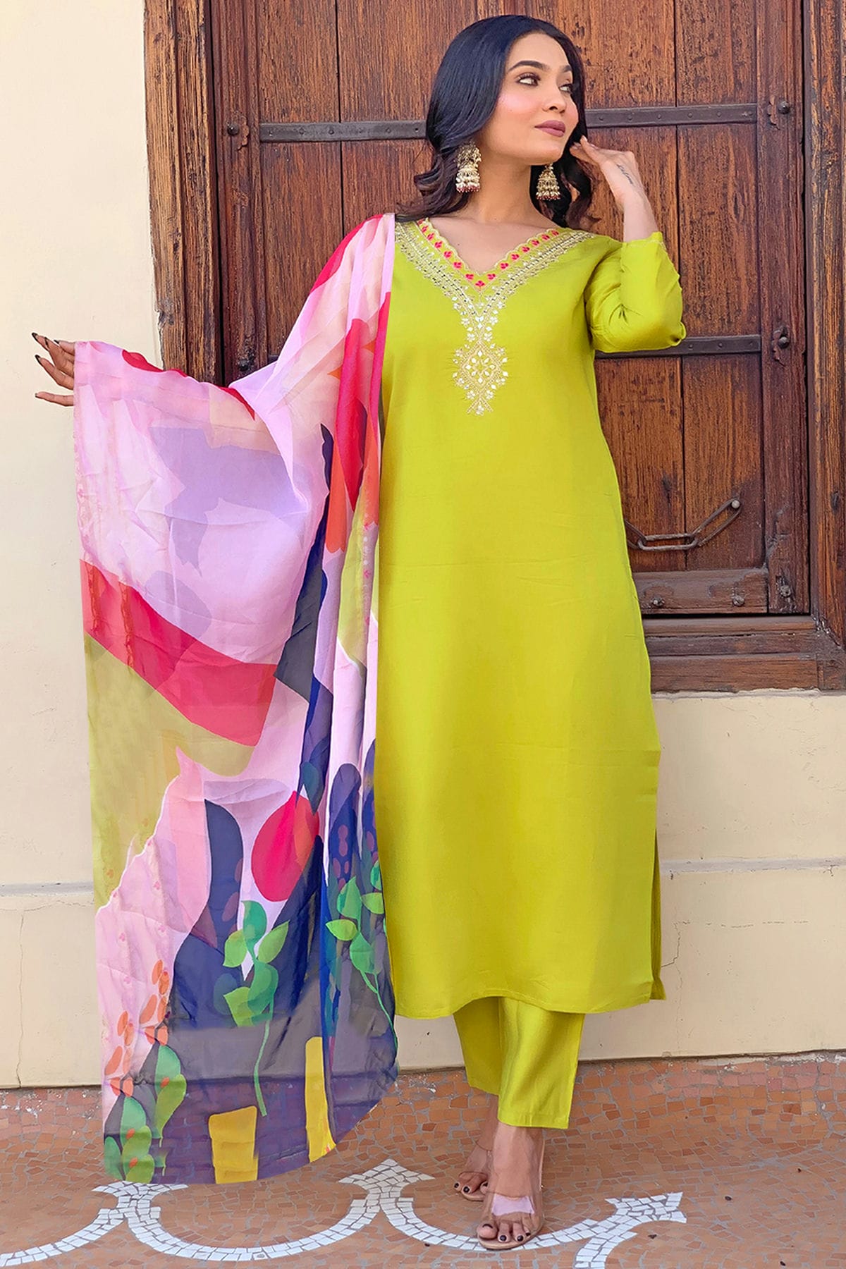 Lime Green Colour Rayon Stitched Salwar Suit