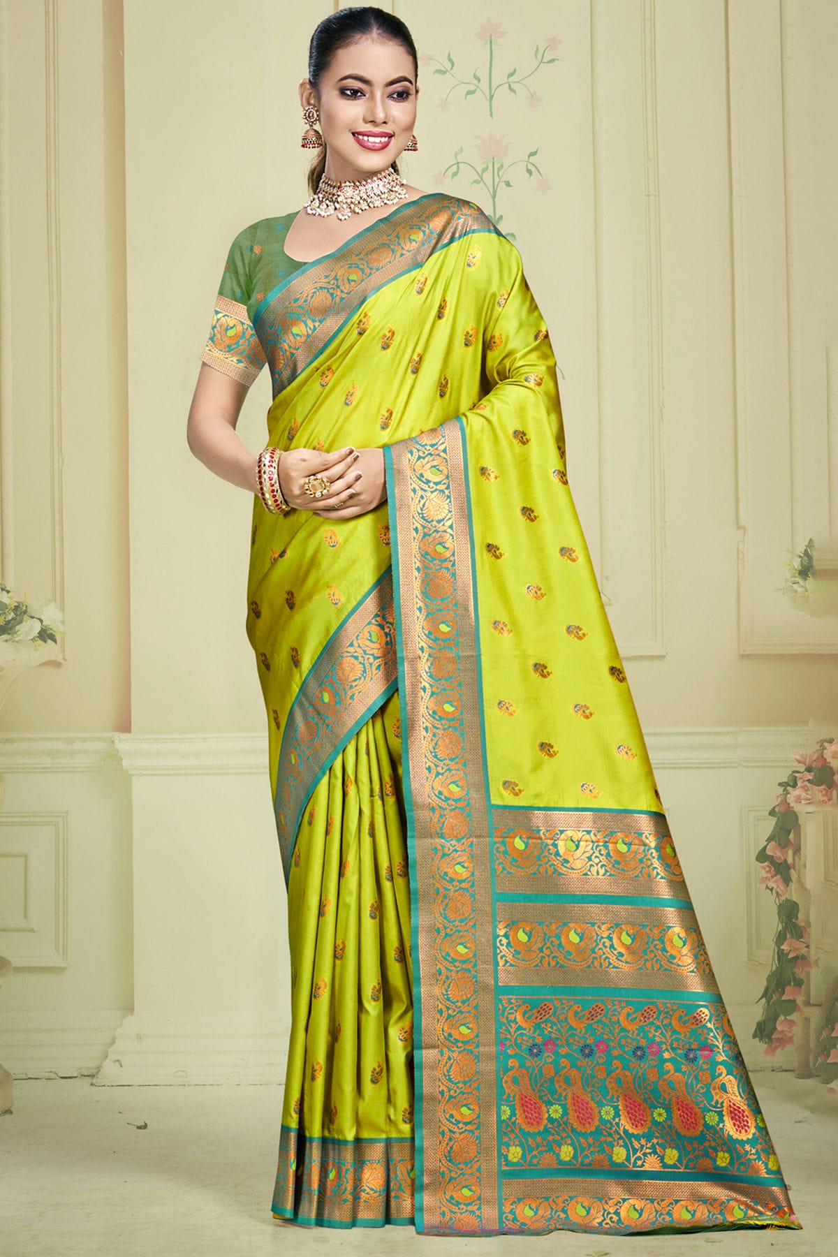 Lime Green Colour Silk Woven Work Traditional Saree