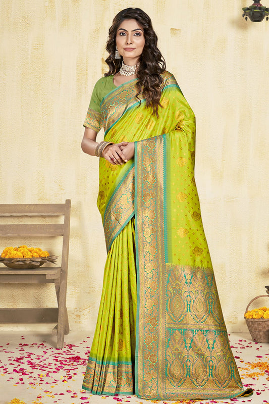 Lime Green Colour Silk Woven Work Traditional Saree