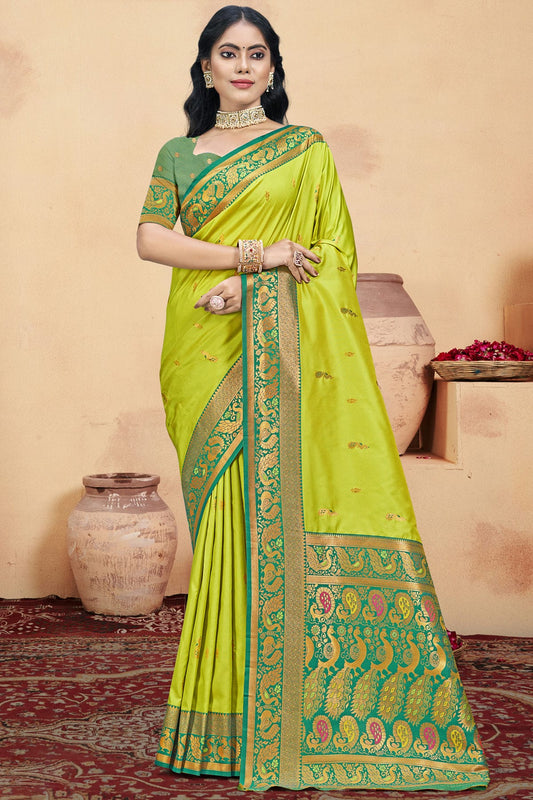 Lime Green Colour Silk Woven Work Traditional Saree