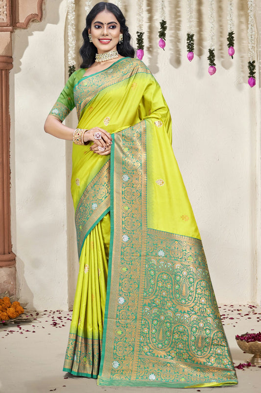Lime Green Colour Silk Woven Work Traditional Saree