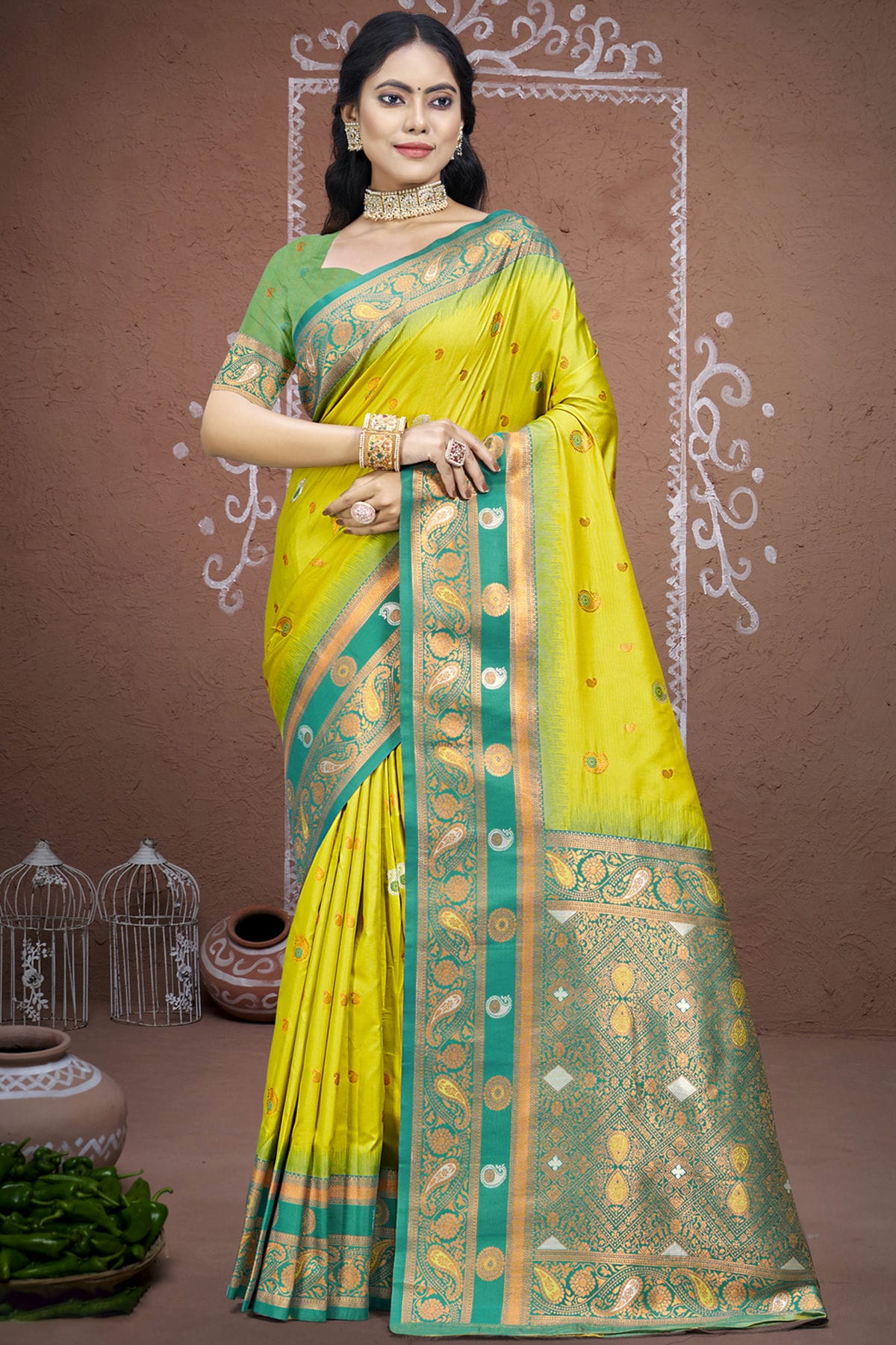 Lime Green Colour Silk Woven Work Traditional Saree