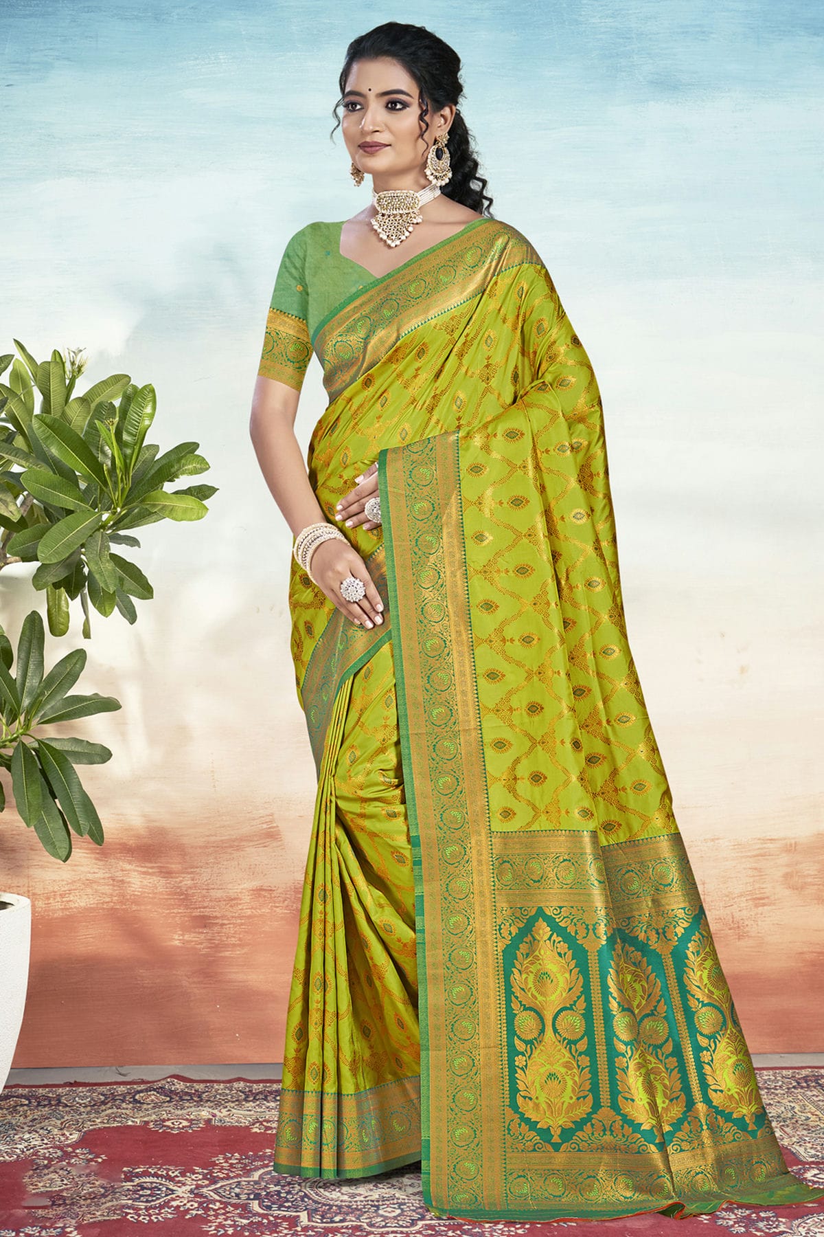 Lime Green Colour Silk Woven Work Traditional Saree