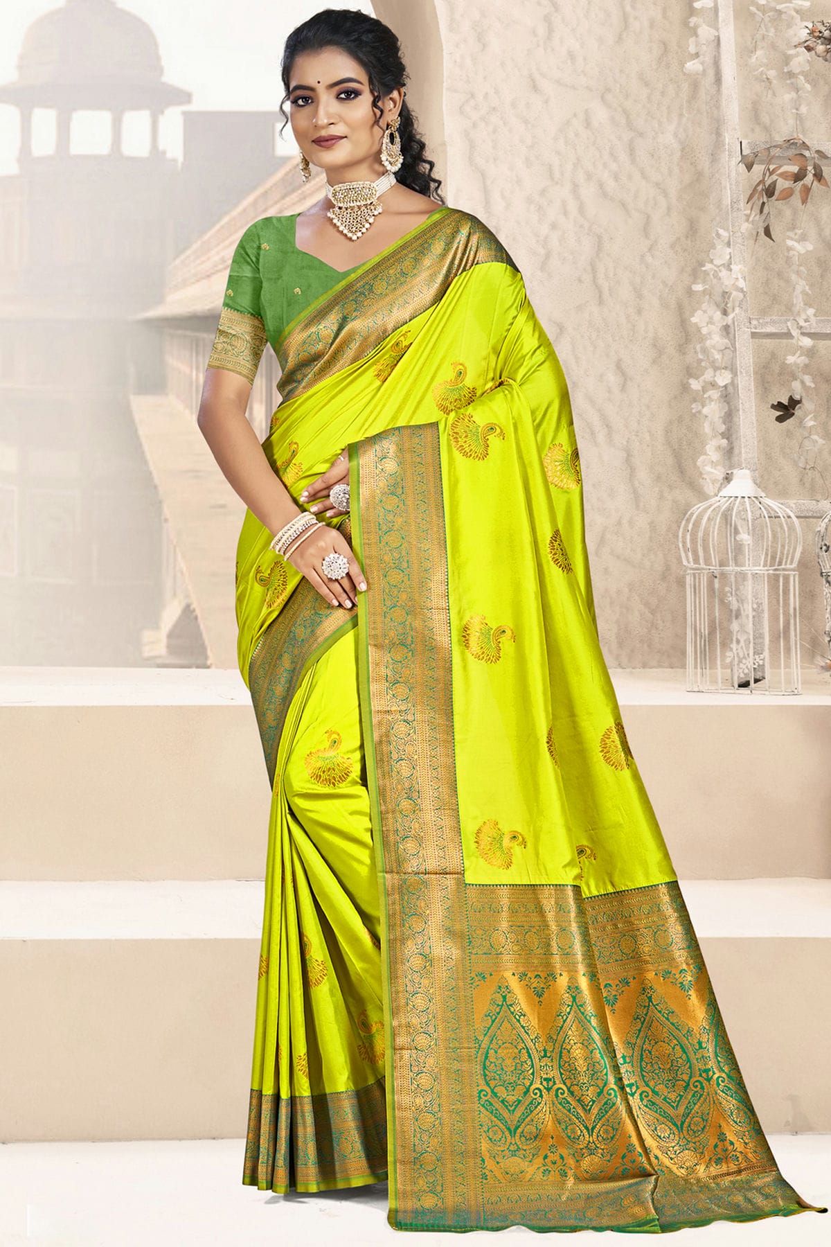 Lime Green Colour Silk Woven Work Traditional Saree