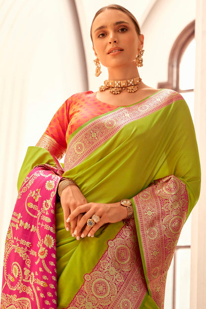 Lime Green Colour Soft Silk Woven Work Saree VSSD1290072