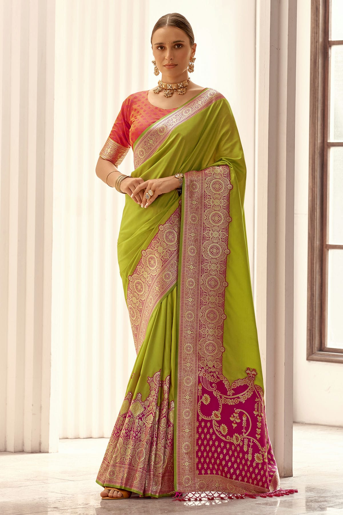 Lime Green Colour Soft Silk Woven Work Saree
