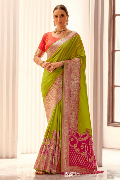 Lime Green Colour Soft Silk Woven Work Saree