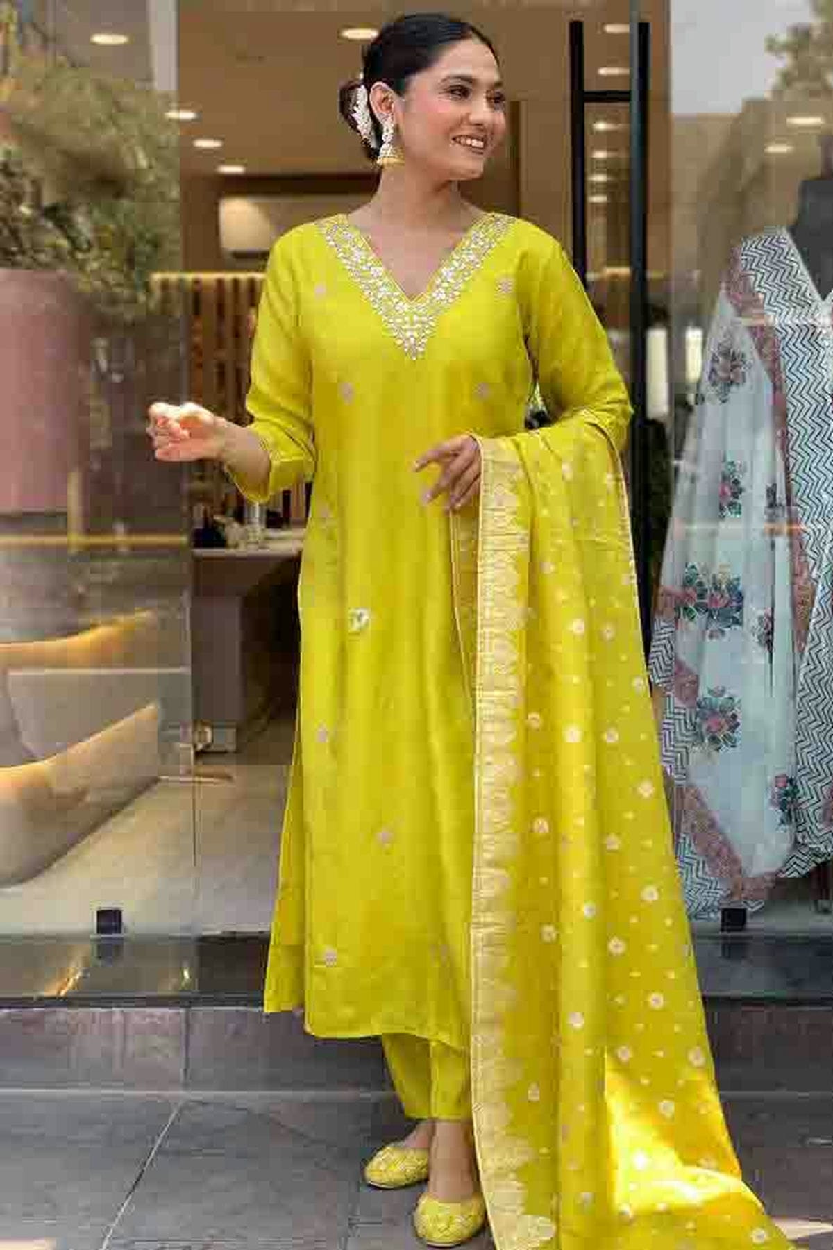 Lime Green Colour Viscose Chanderi Embroidery Pant Style Suit VSSS1113701