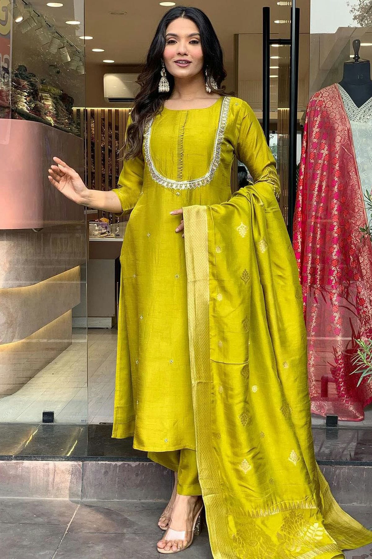 Lime Green Colour Viscose Chanderi Stitched Salwar Suit