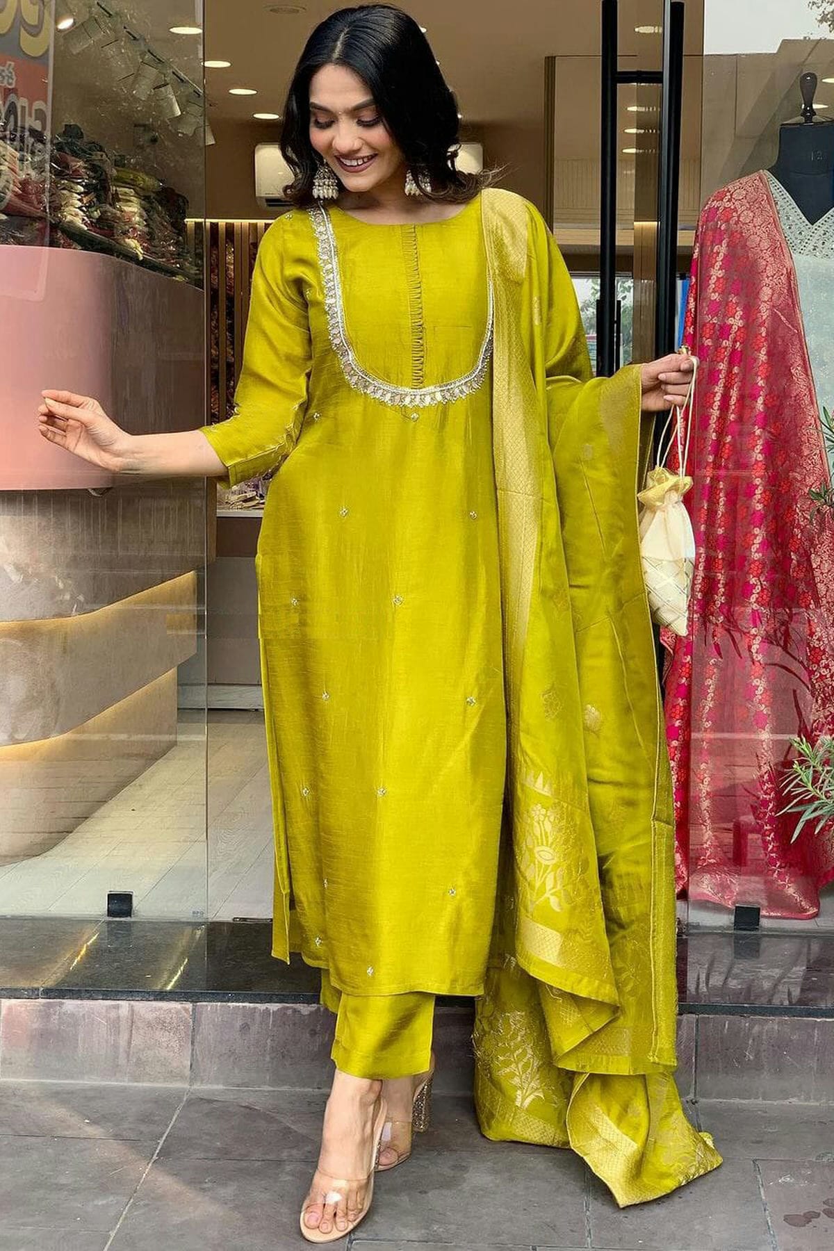 Lime Green Colour Viscose Chanderi Stitched Salwar Suit